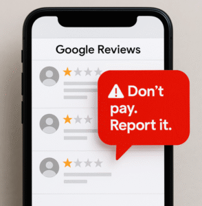 Phone showing fake reviews and red warning bubble representing Google’s new reporting system for review scams.